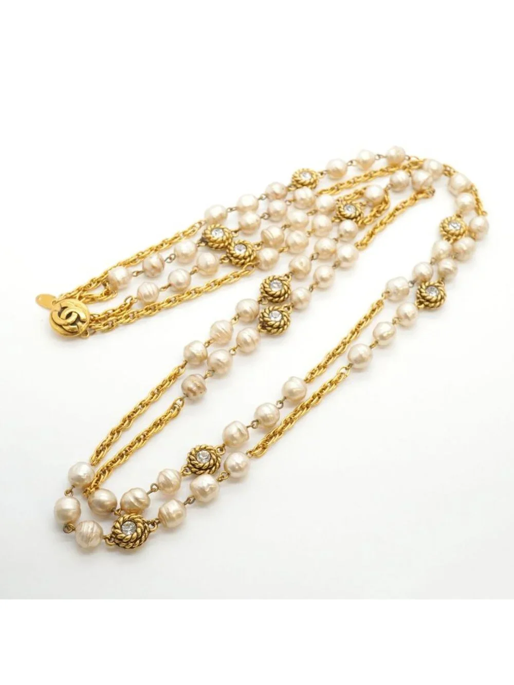 Chanel Necklace Vintage CC Logo Gold Plated Faux Pearl Rhinestone